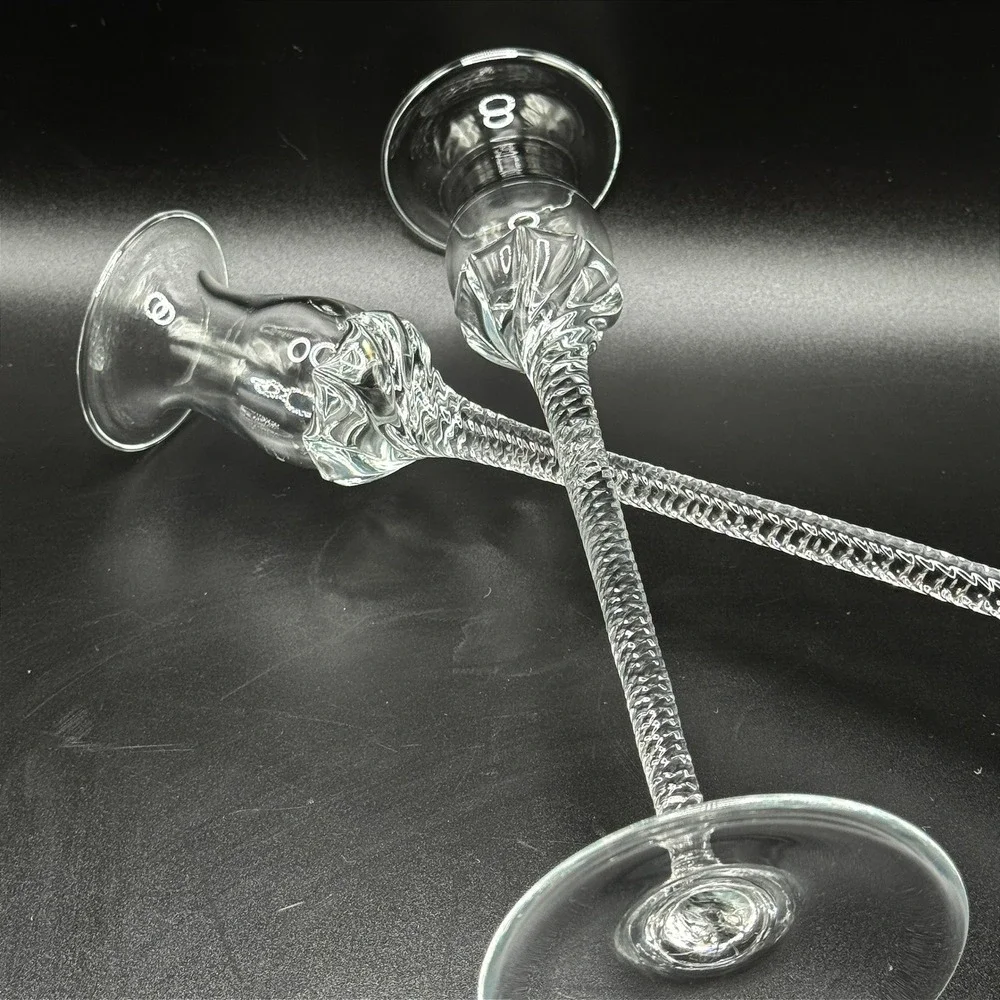 Art Glass Pair Candlesticks Vtg. Optic Twist Stem Floral Tulip Cottage Regency‎
